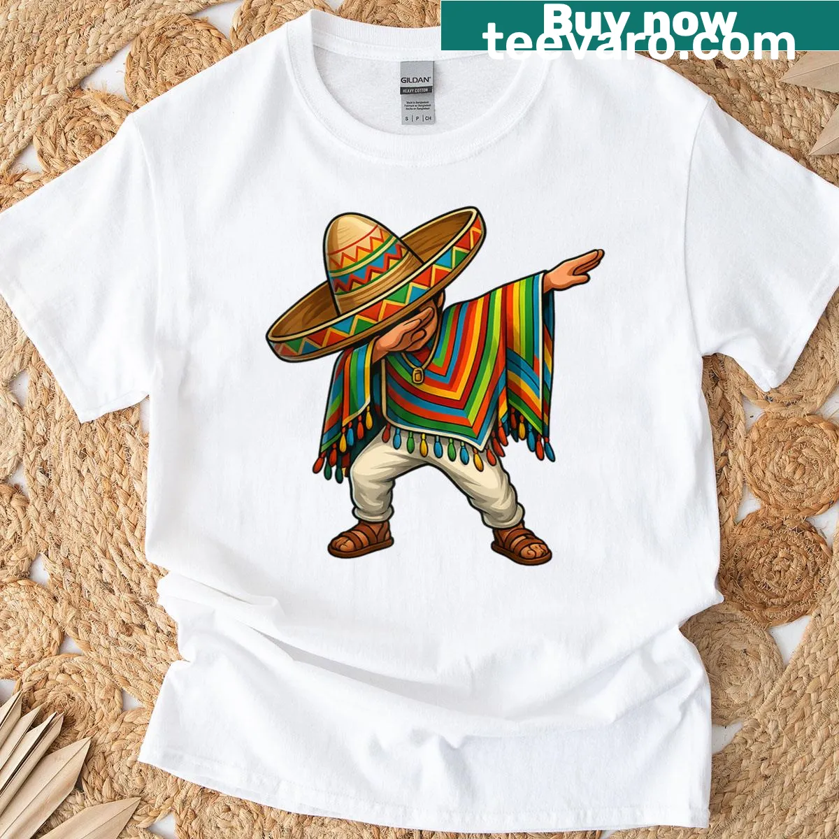 Cartoon boy in poncho and sombrero dabbing on T-shirt — on a men's t-shirt