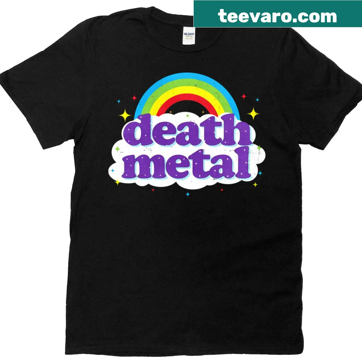 Edgy rainbow graphic design on death metal-themed t-shirt — on a men's t-shirt