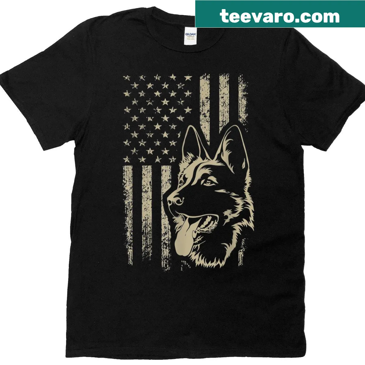 Patriotic t-shirt featuring a German Shepherd and American flag graphic — on a men's t-shirt