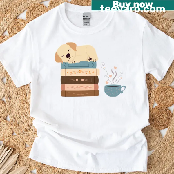 T-shirt featuring a design with dogs and books
