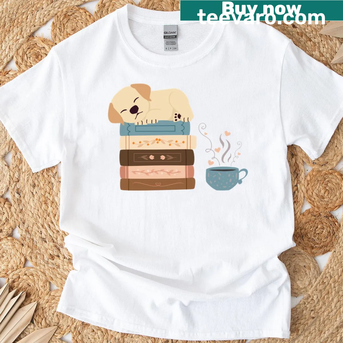 T-shirt featuring a design with dogs and books — on a men's t-shirt