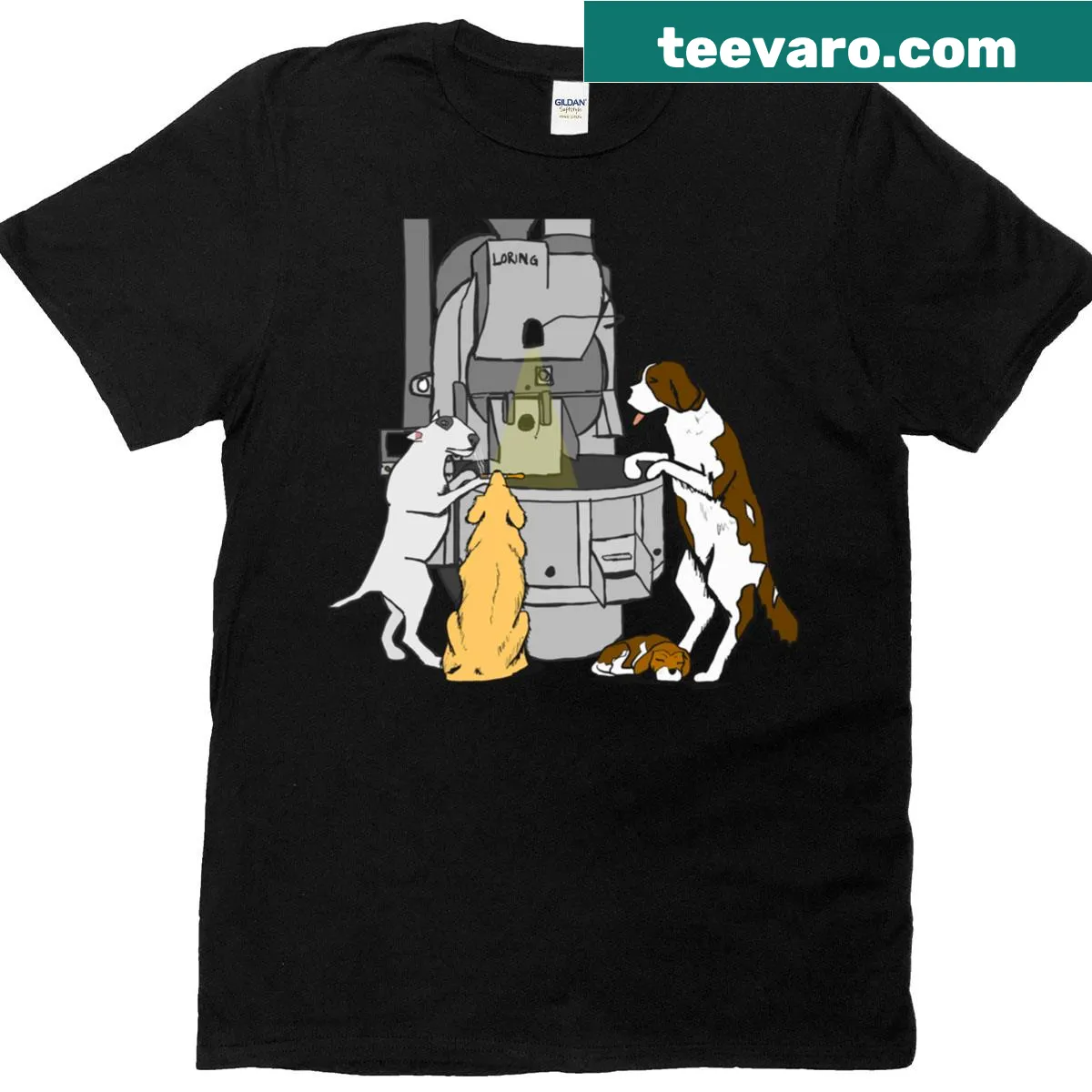 Cartoon dogs roasting marshmallows over a campfire. — on a men's t-shirt