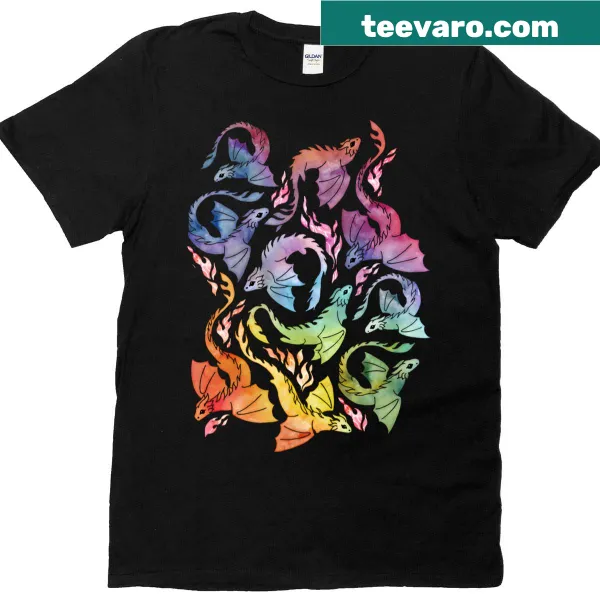 Illustrative t-shirt featuring a dragon breathing fire in a dark rainbow