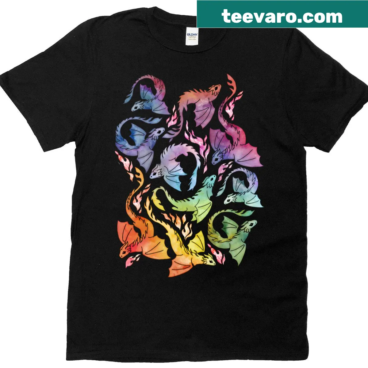 Illustrative t-shirt featuring a dragon breathing fire in a dark rainbow — on a men's t-shirt