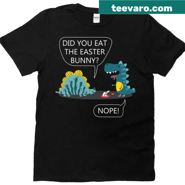 Playful illustration of a dinosaur dressed as the Easter Bunny on a T-shirt