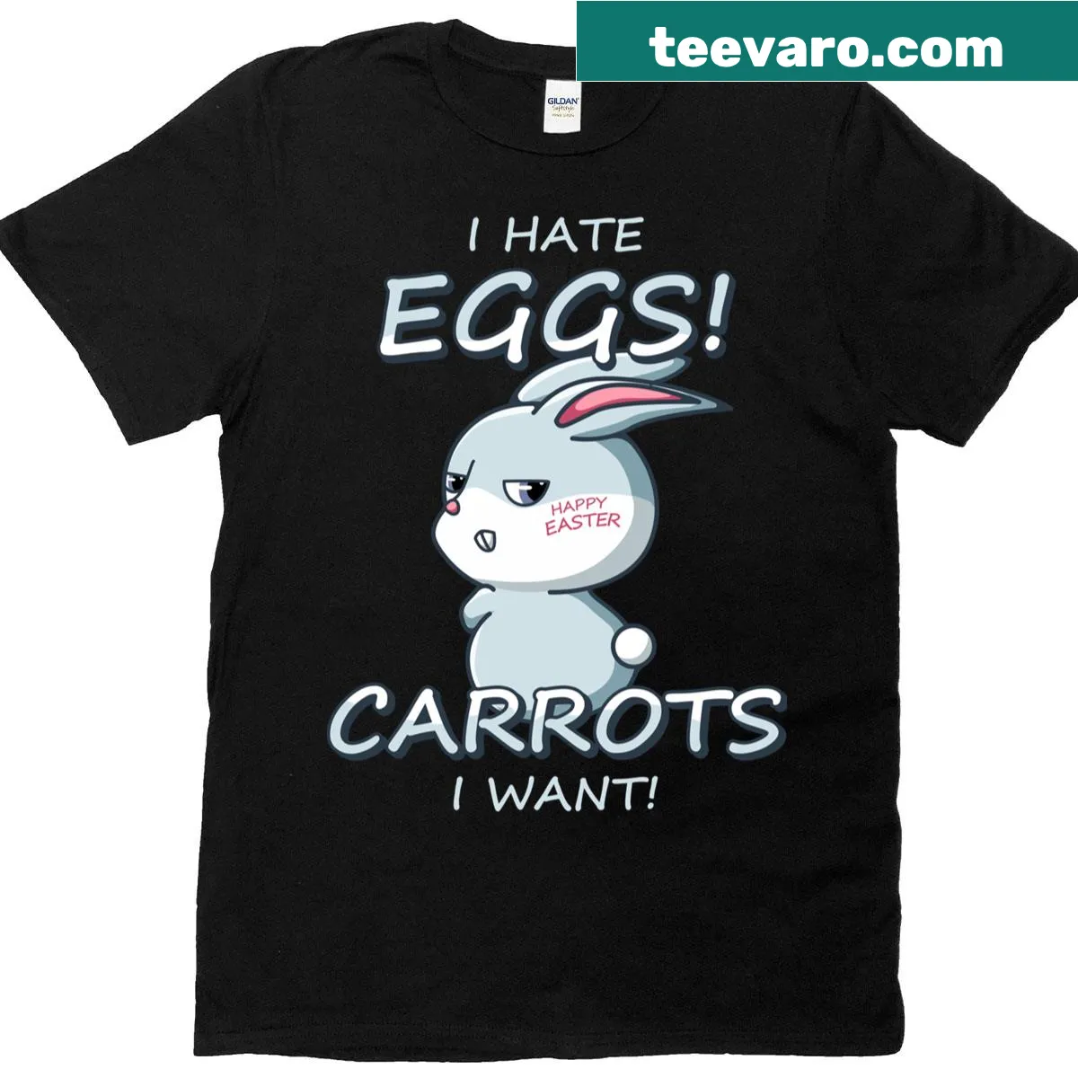 Funny T-shirt with 'Easter Bunny Hate Eggs Want Carrots' text — on a men's t-shirt