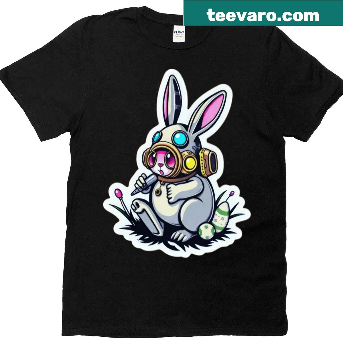 Funny futuristic Easter Bunny t-shirt with colored eggs — on a men's t-shirt