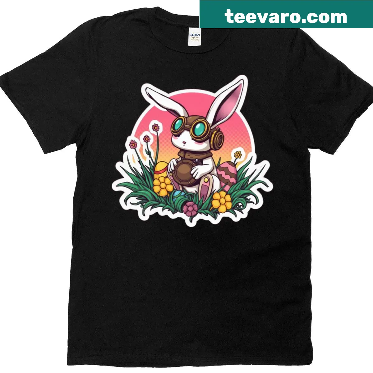 Funny T-shirt with a technological Easter Bunny and eggs — on a men's t-shirt