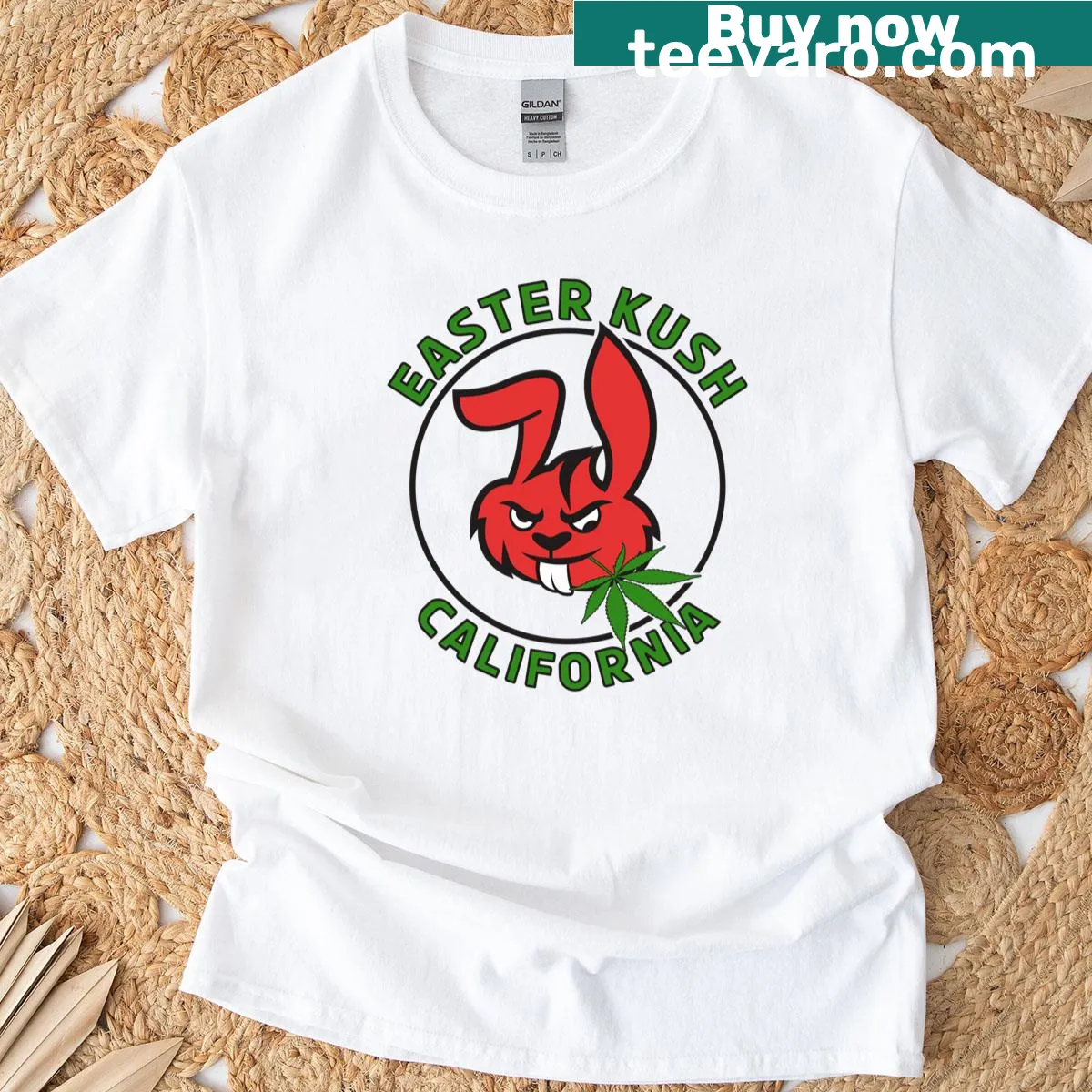 Easter Bunny graphic with cannabis theme on t-shirt — on a men's t-shirt
