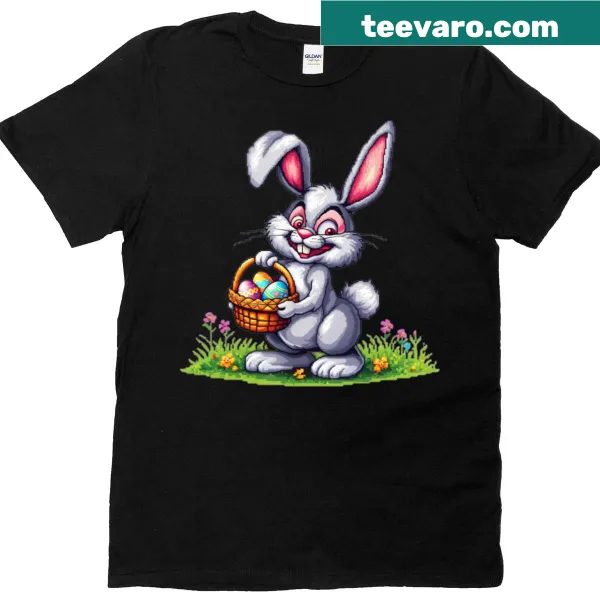 Playful pixel illustration of an Easter Bunny with an egg basket on a T-shirt