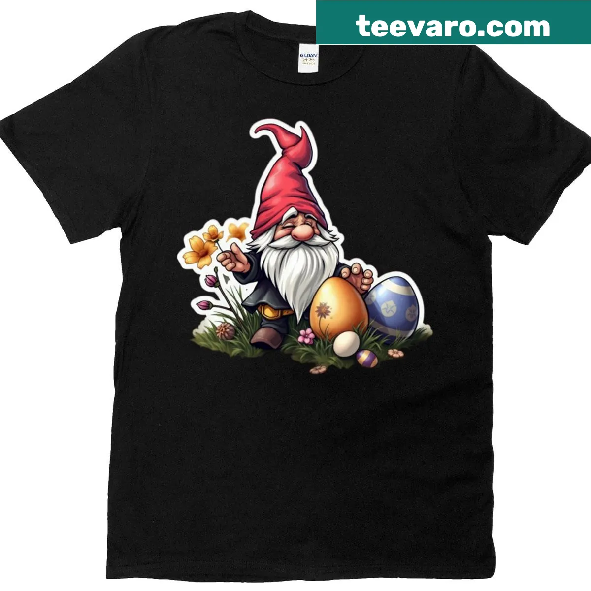 Funny Easter dwarf T-shirt with colored eggs and flowers illustration — on a men's t-shirt