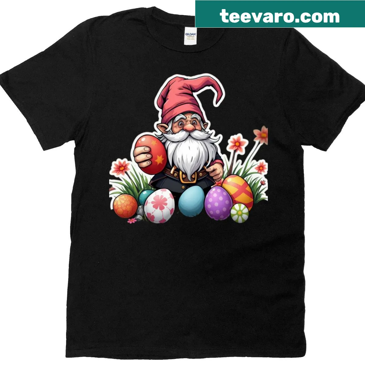 Playful Easter dwarf T-shirt with eggs and flowers illustration — on a men's t-shirt