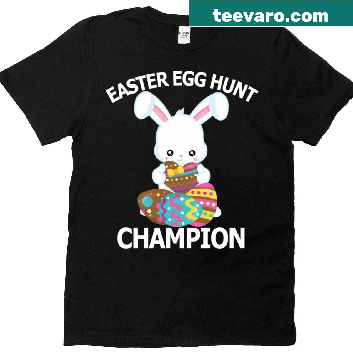 Cute bunny t-shirt for Easter egg hunts with charming design — on a men's t-shirt