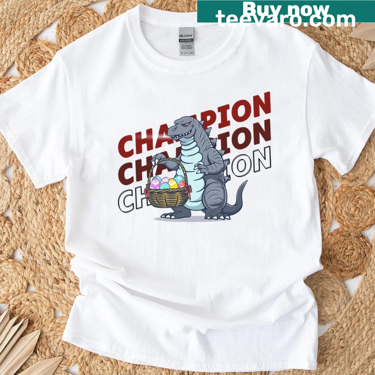 Playful Godzilla graphic on an Easter egg hunt T-shirt — on a men's t-shirt