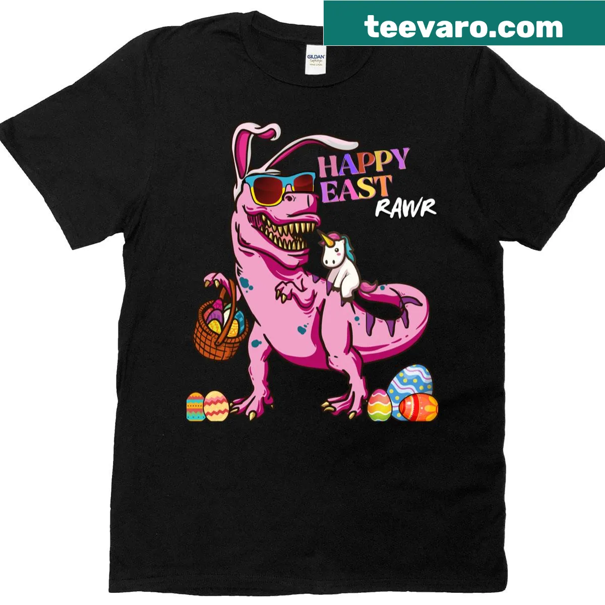 Cute Easter t-shirt with a unicorn riding a T-Rex cartoon design — on a men's t-shirt