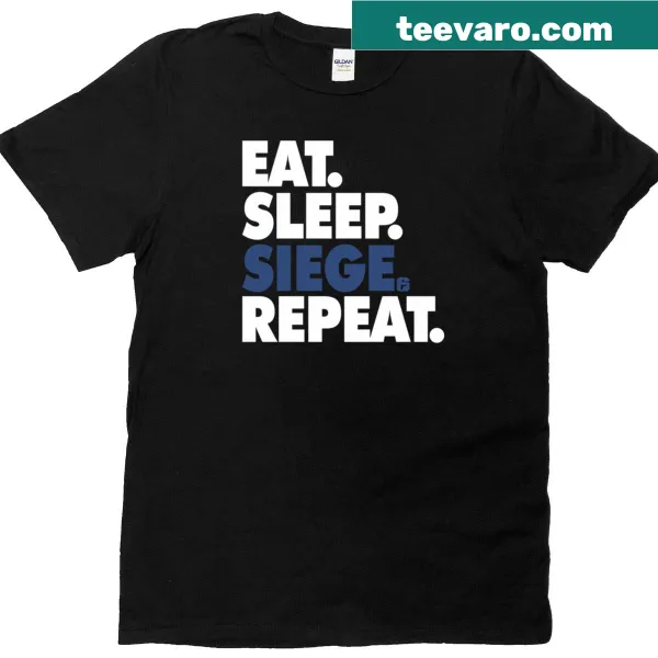 Funny gaming t-shirt featuring 'Eat Sleep Siege Repeat' text design