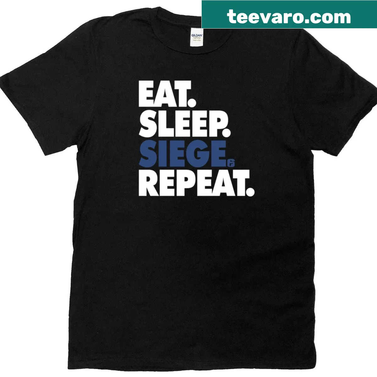 Funny gaming t-shirt featuring 'Eat Sleep Siege Repeat' text design — on a men's t-shirt