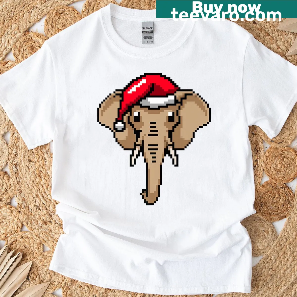 Funny pixelated elephant Christmas t-shirt with holiday graphics — on a men's t-shirt