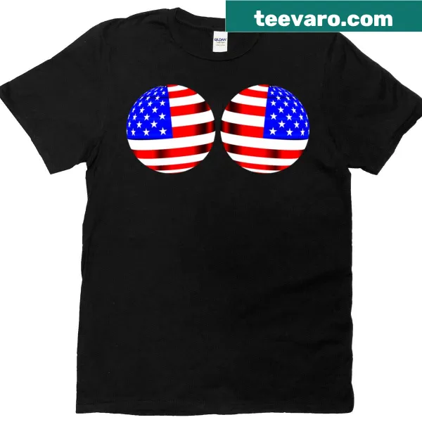 Humorous T-shirt featuring a flag-themed graphic of boobs