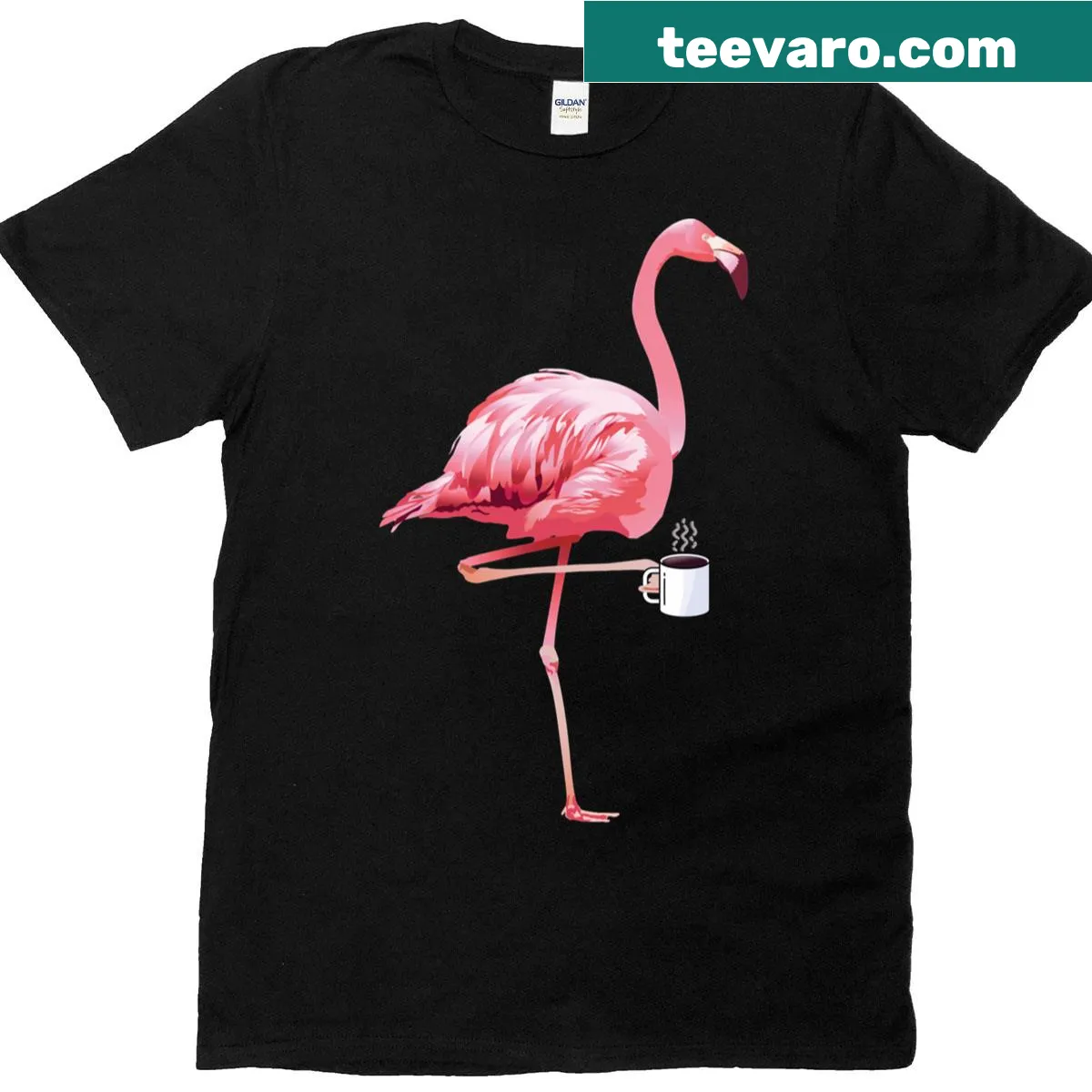 Flamingo illustration with coffee on a T-shirt — on a men's t-shirt