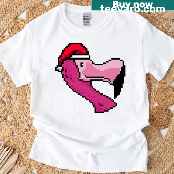 Funny pixelated flamingo design on Christmas T-shirt