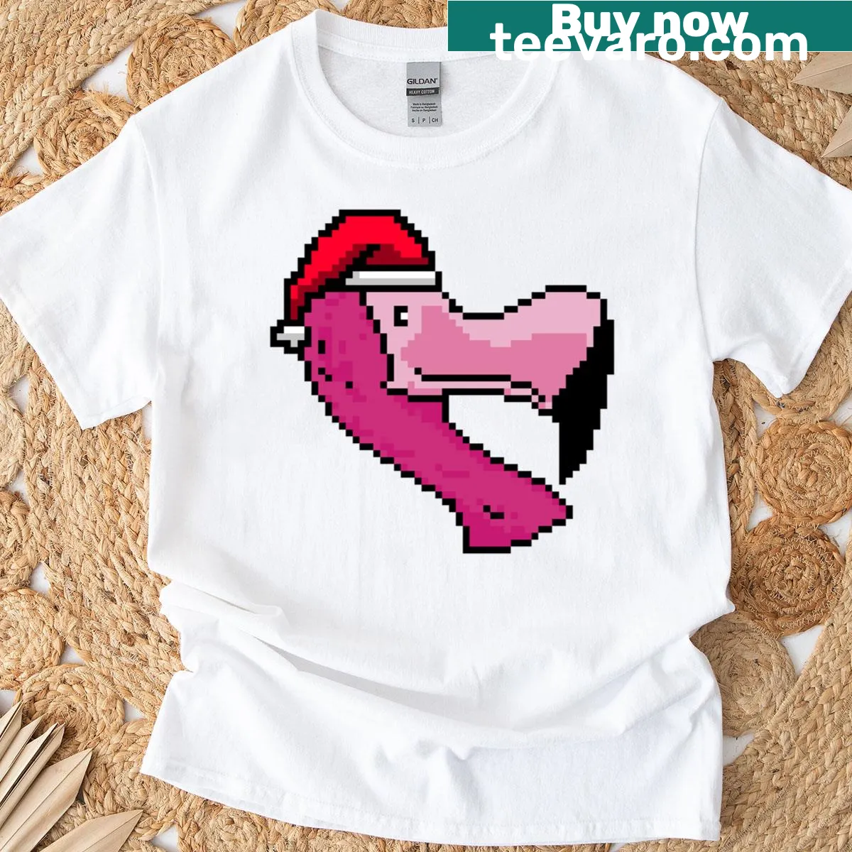 Funny pixelated flamingo design on Christmas T-shirt — on a men's t-shirt