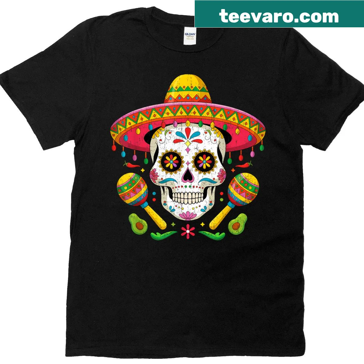 Skull wearing a sombrero for Cinco De Mayo T-shirt — on a men's t-shirt