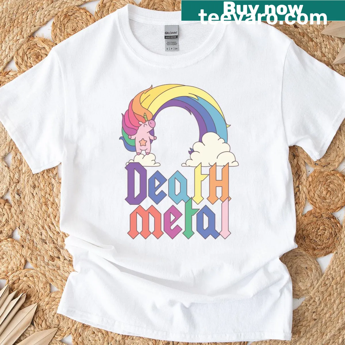 Cute unicorn graphic with death metal theme on t-shirt — on a men's t-shirt