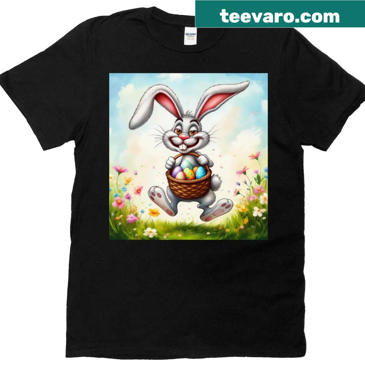 Cartoon Easter Bunny jumping with a basket in a meadow — on a men's t-shirt