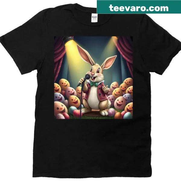 Whimsical T-shirt with a singing Easter Bunny and colorful eggs