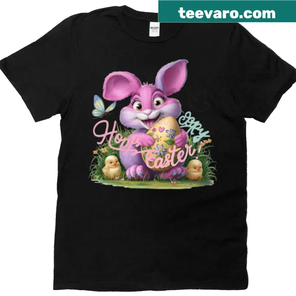 Pink Easter bunny with colorful eggs graphic