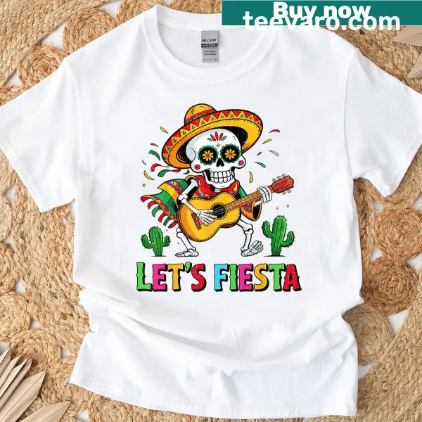 Cartoon skull playing guitar with sombrero on T-shirt