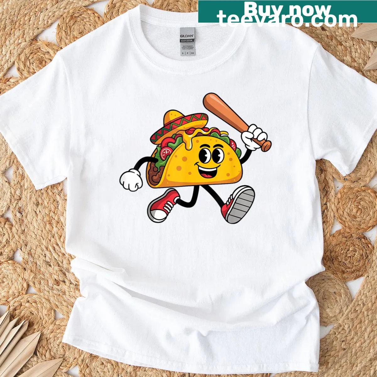 Cartoon taco playing baseball graphic on a fun T-shirt — on a men's t-shirt