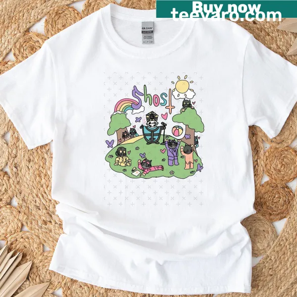 Whimsical T-shirt featuring a ghost band in rainbow colors