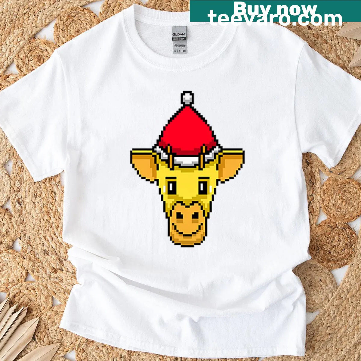 Pixelated giraffe design on funny Christmas T-shirt — on a men's t-shirt