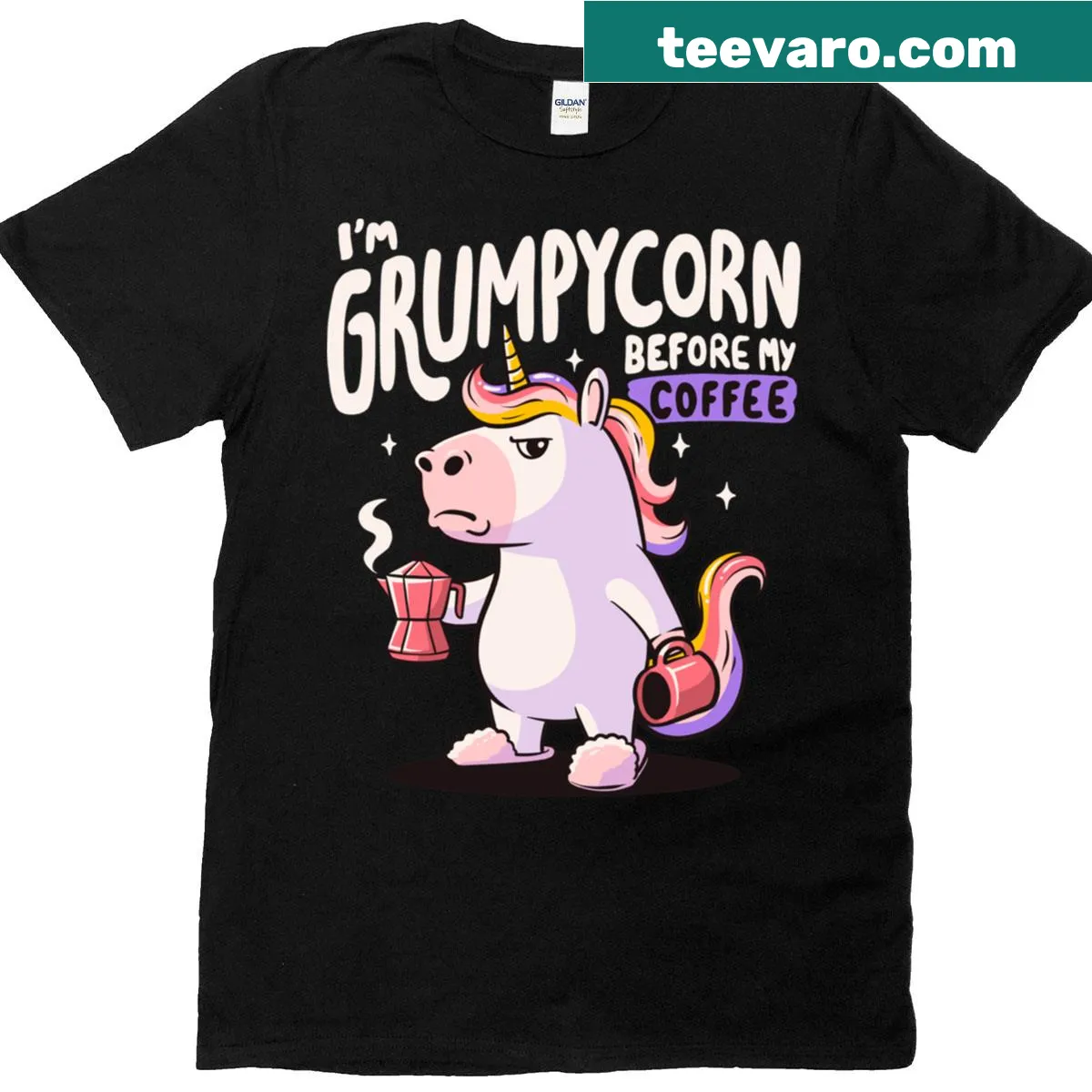 Grumpy unicorn graphic with a coffee cup on a t-shirt — on a men's t-shirt