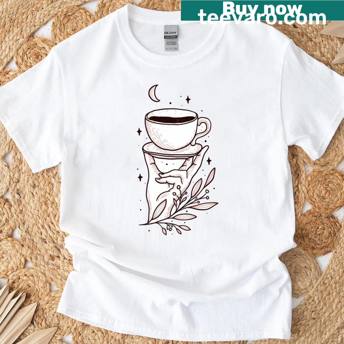 T-shirt with Hand Raised A Cup Of Coffee text — on a men's t-shirt