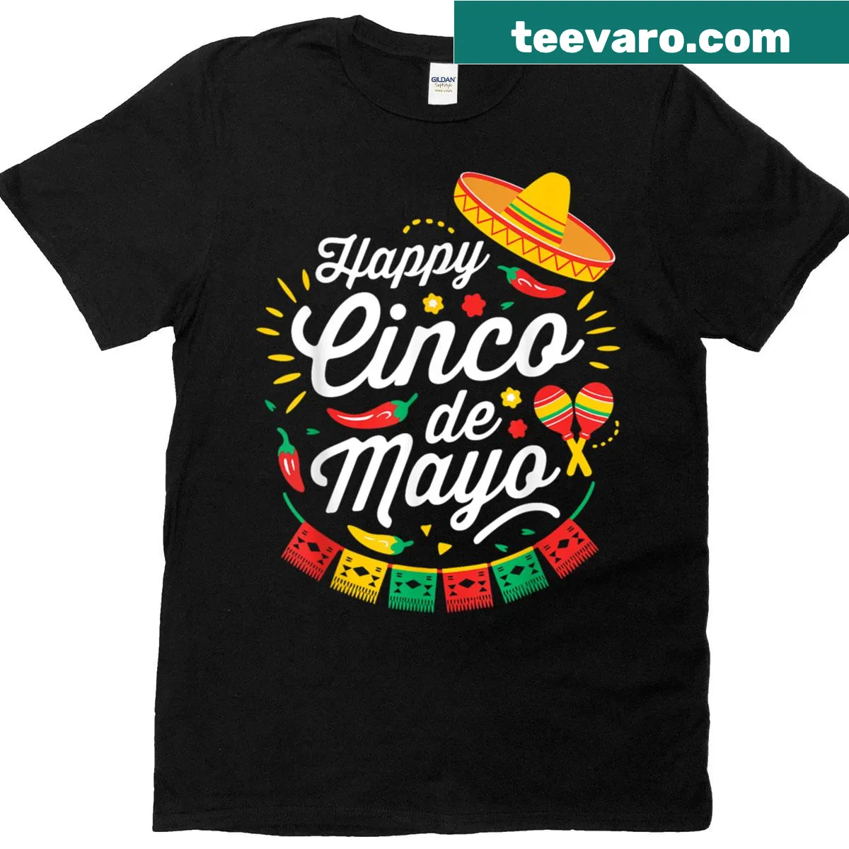 Festive T-shirt celebrating Cinco De Mayo with lively illustrations. — on a men's t-shirt