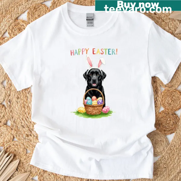 Easter-themed T-shirt with a Labrador Retriever and bunny illustration