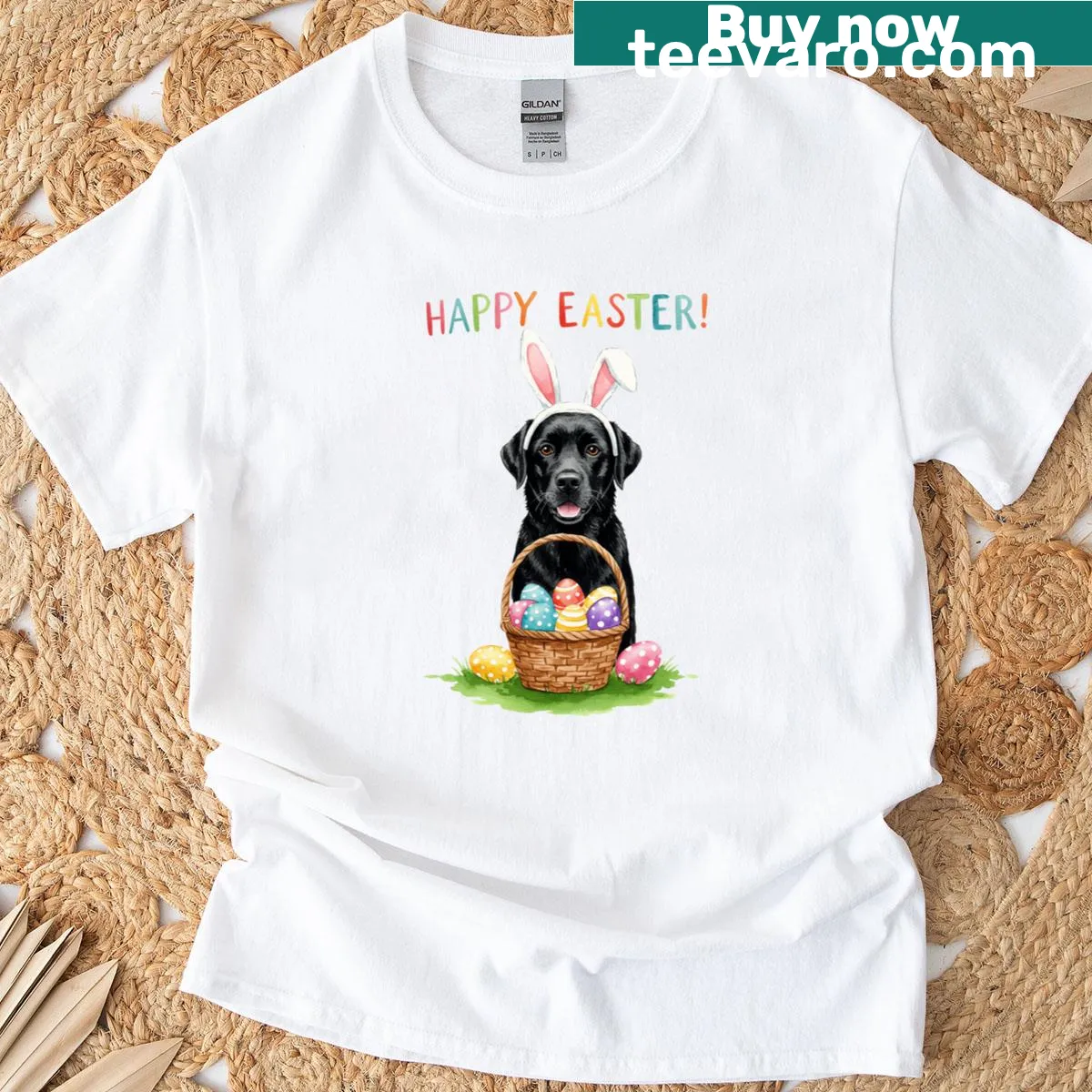 Easter-themed T-shirt with a Labrador Retriever and bunny illustration — on a men's t-shirt