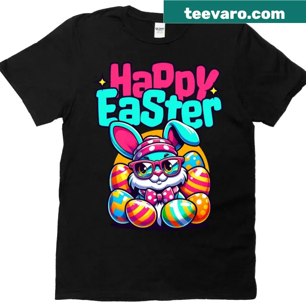 Cute t-shirt featuring an Easter bunny with colorful eggs.