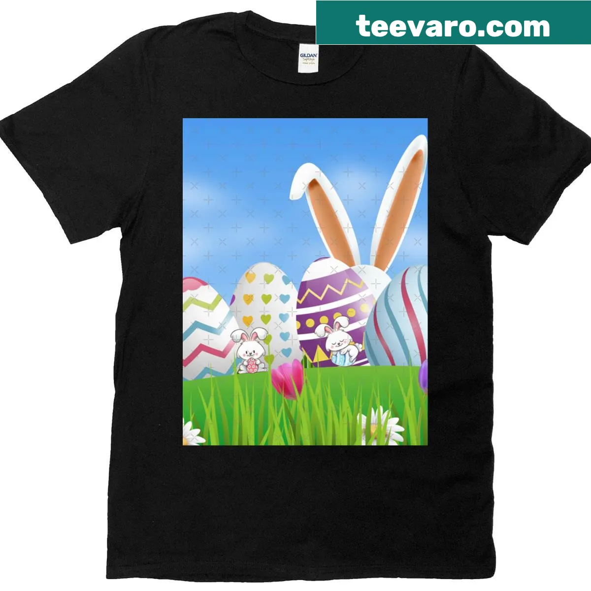 Easter graphic T-shirt featuring colorful eggs and bunnies — on a men's t-shirt