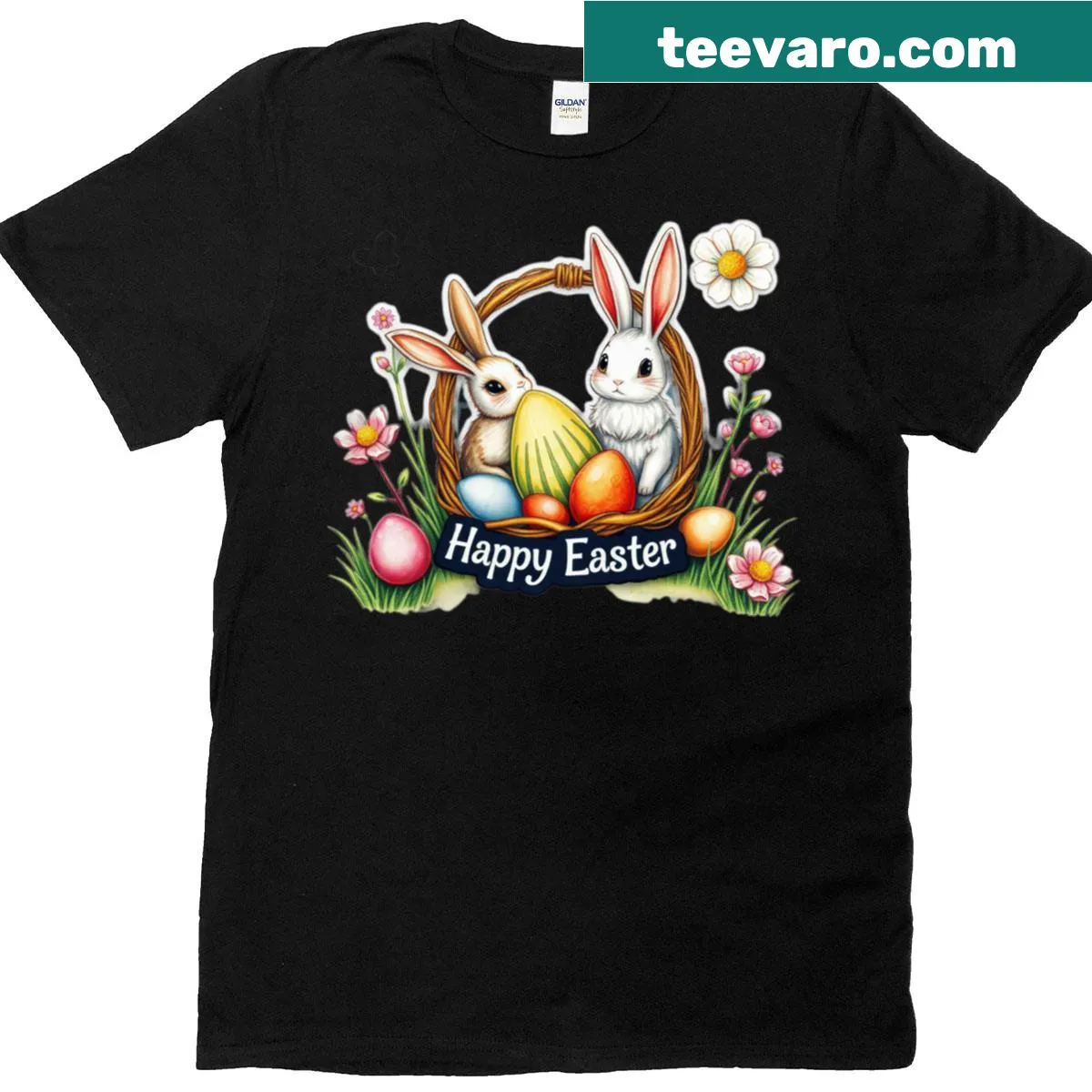 Cute Easter shirt with bunnies and colored eggs illustration — on a men's t-shirt