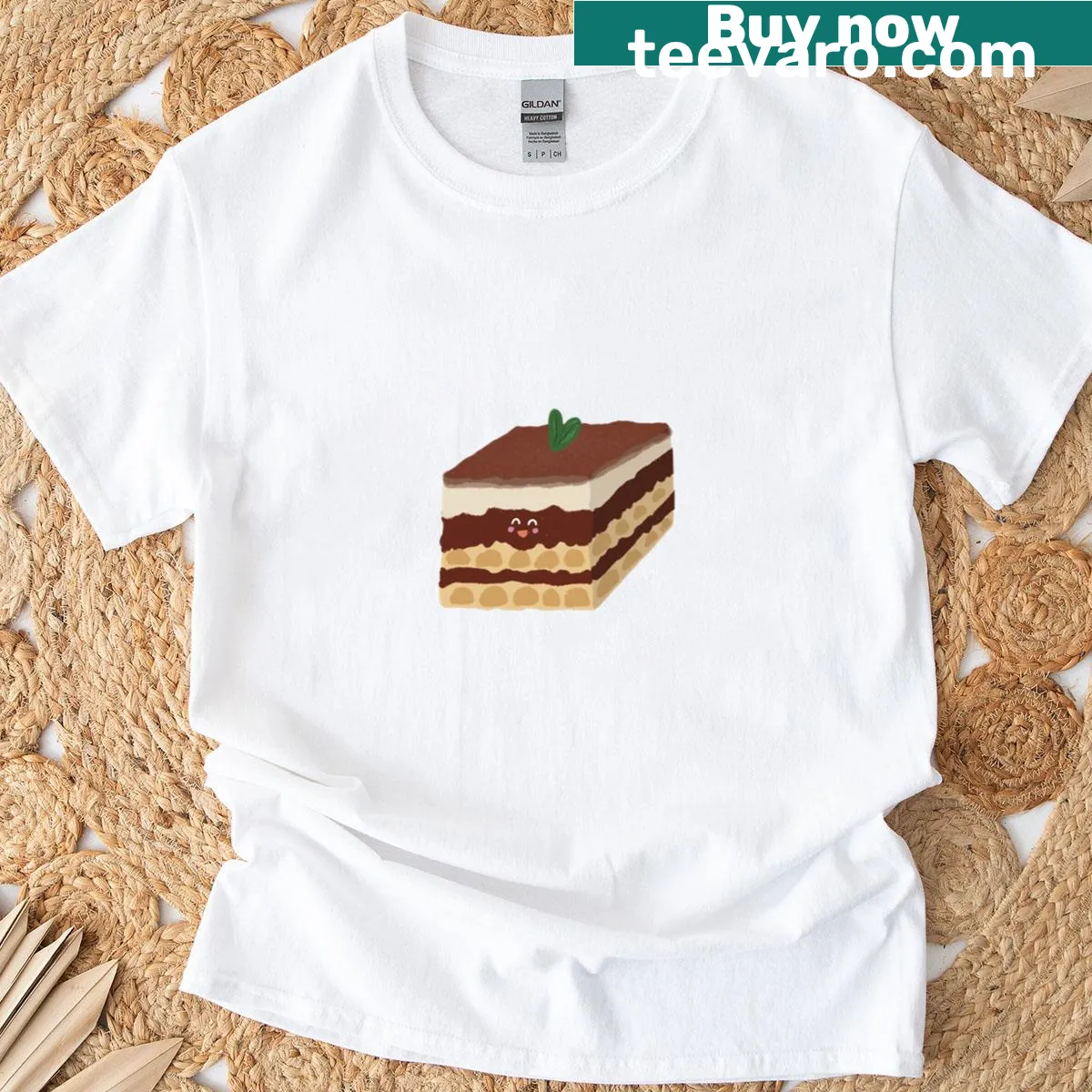 Cartoon illustration of a happy tiramisu dessert on a t-shirt — on a men's t-shirt
