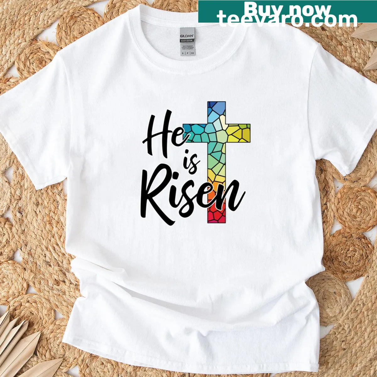 T-shirt with the phrase 'He Is Risen' from Matthew 28:6 — on a men's t-shirt