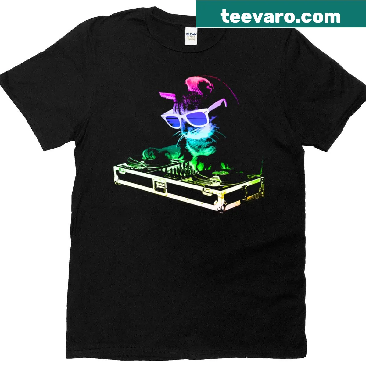 Cartoon DJ kitty graphic under a rainbow on a T-shirt. — on a men's t-shirt
