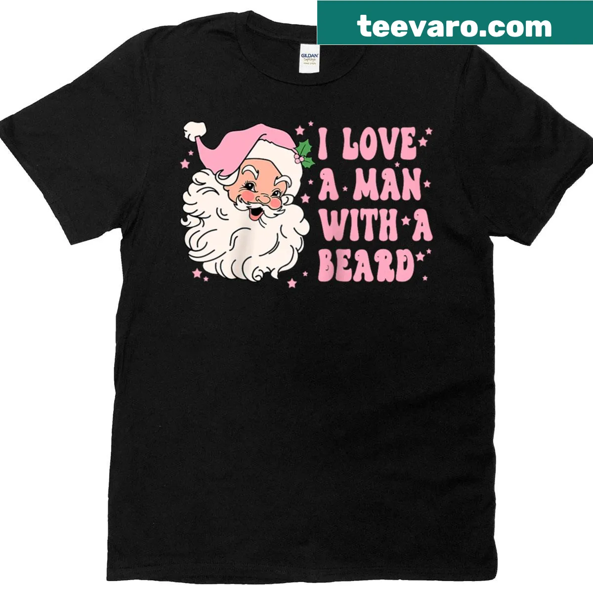 Retro-themed t-shirt celebrating bearded men with Santa graphics — on a men's t-shirt