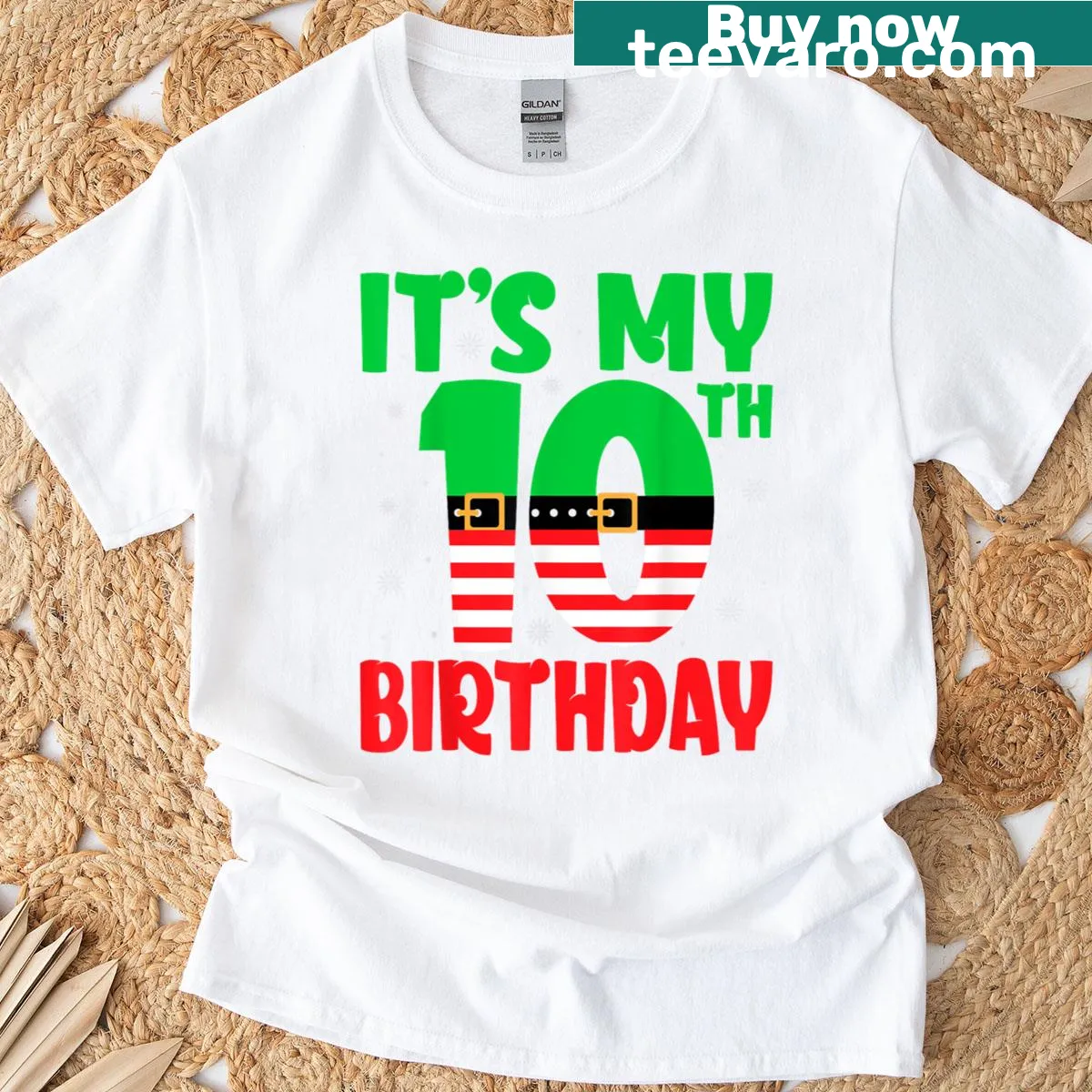 T-shirt celebrating a 10th birthday with a Christmas elf design — on a men's t-shirt