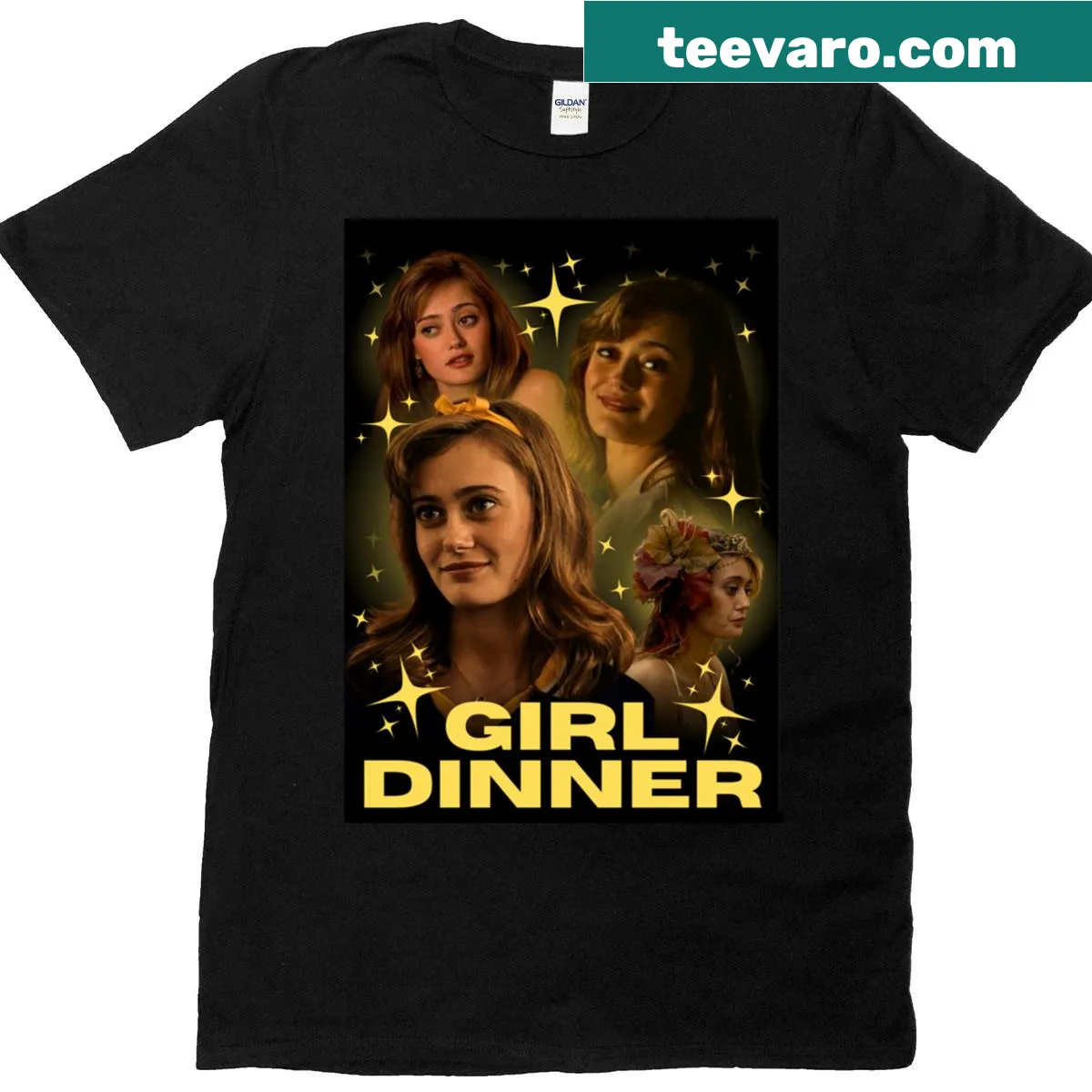 Funny 'Girl Dinner' t-shirt in quirky typography — on a men's t-shirt