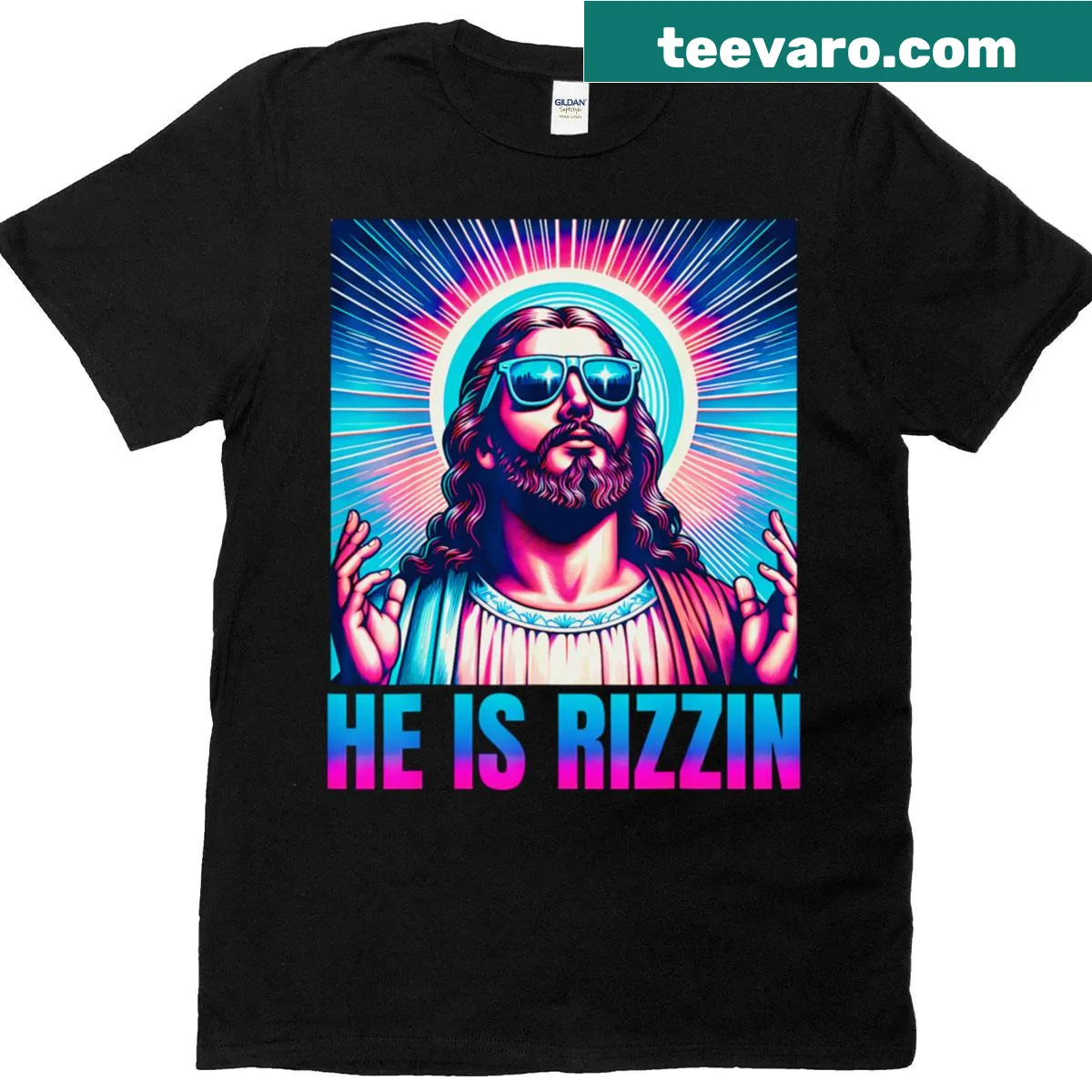 Modern faith-themed shirt with 'Jesus Is Rizzin' text — on a men's t-shirt